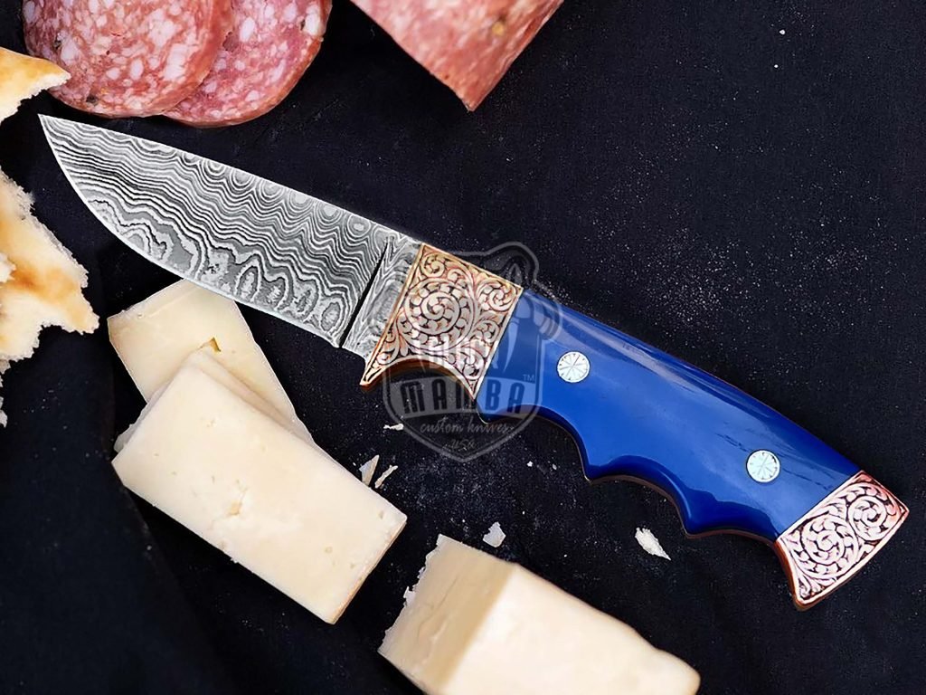 Bmk-50 Blue Bone Copper Engraved Handmade Damascus Steel Hunting Knife 3.6 inches Blade Made in USA - Image 3
