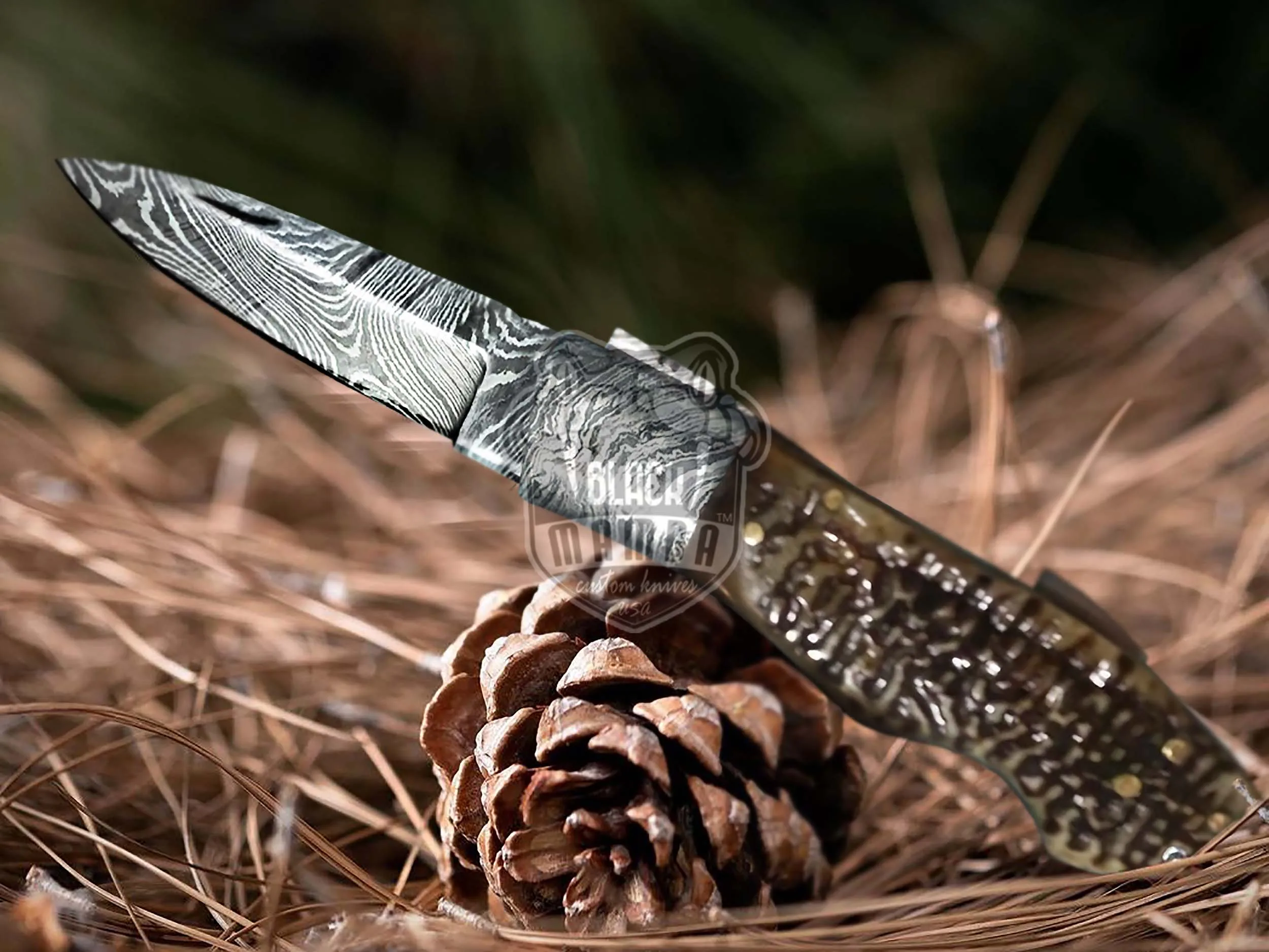 Tortoise Shell - Damascus Folding Pocket Knife, 7″ Overall - view 2
