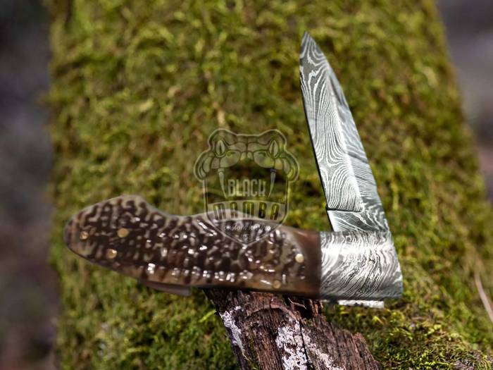 BMK-634 tortoise shell Handle Beautiful Custom Made Damascus Pocket Folding Knife USA Made Gift For Him Black Mamba Knives