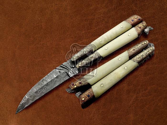 BMK-595 Custom Made Damascus Balisong Butterfly Knife Engraved With Bone Best balisong knife USA Made Gift For Him , Christmas Gift 