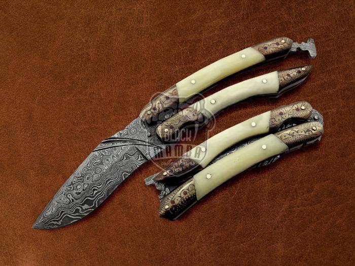 BMK-594 Damascus Engraved Balisong Butterfly Flipping Knife Copper With Camel Bone Handle Hunting knife Best Knife For Collection USA Made Gift For Him