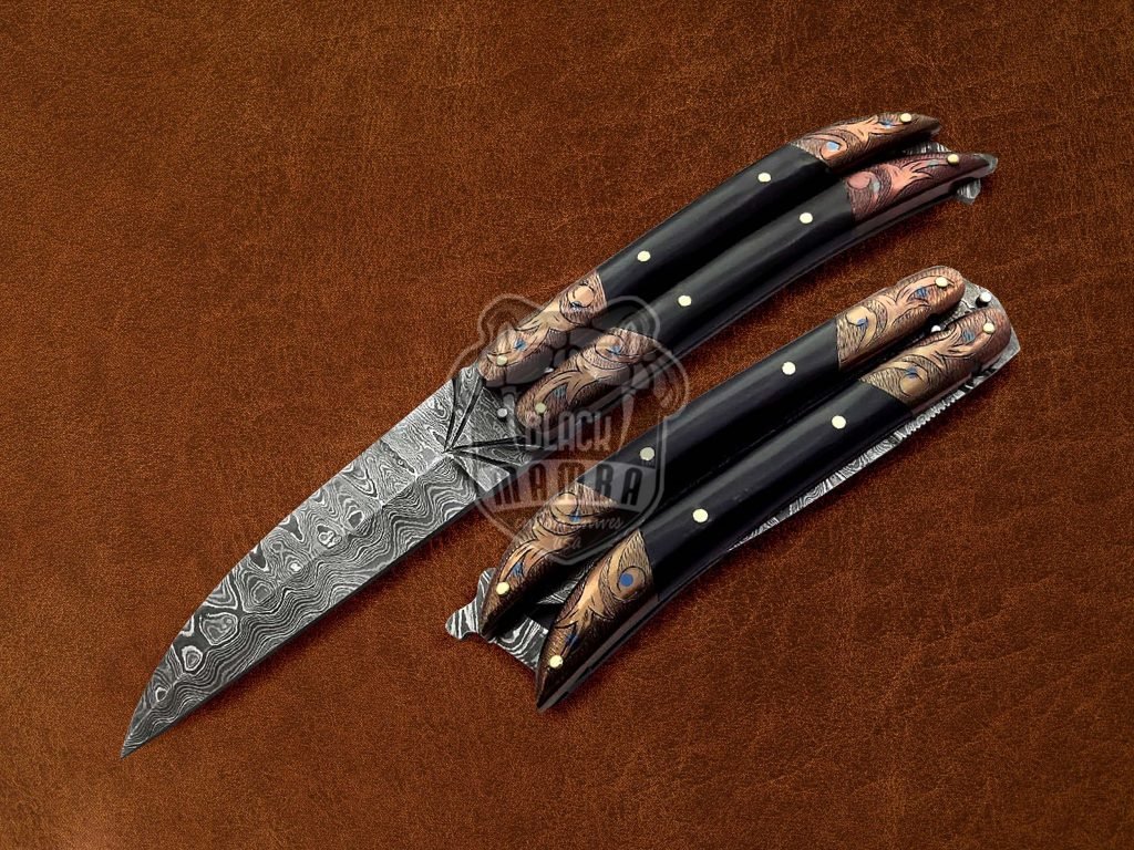 BMK-593 Balisong Butterfly Knife Damascus Steel Knife Copper Engraved With Buffalo Horn Premium Balisong Knife Hunting Camping Handmade Gift USA Made