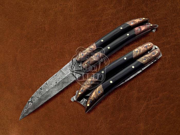 BMK-593 Balisong Butterfly Knife Damascus Steel Knife Copper Engraved With Buffalo Horn Premium Balisong Knife Hunting Camping Handmade Gift USA Made