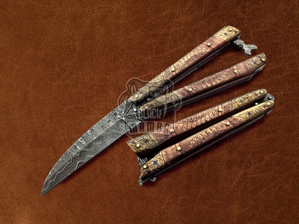 BMK-584 Damascus Balisong Butterfly Knife Copper With Brass Engraved Handle Balisong Flipping Knife USA Made Christmas Gift, Gift For Him
