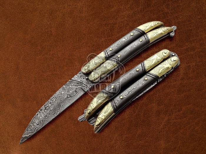 BMK-600 Damascus Steel Beautiful Filipino Balisong butterfly Knife Brass Engraved With Damascus Handle Gift For Him USA Made