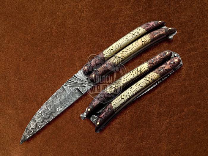 BMK-599 Filipino Balisongs butterfly Razor Sharp Knife With Brass & Copper Hand Engraved Damascus Steel Blade Gift For Him USA Made