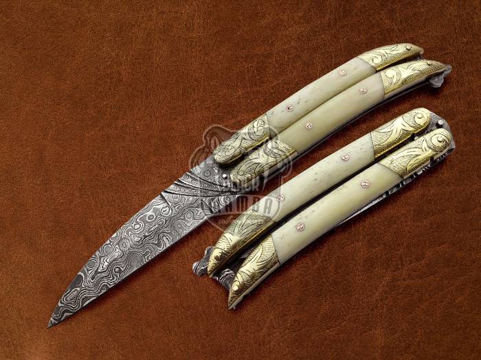 BMK-597 Handmade Damascus Balisong Butterfly Knife Brass Engraved With Camel Bone Hand Forged Damascus Steel Knife Gift For Him USA Made