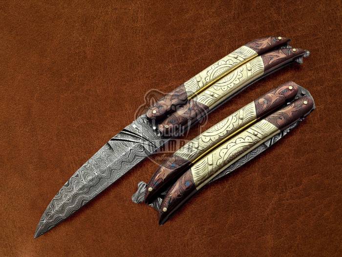 BMK-596 Custom Handmade Damascus Balisong Butterfly Knife Brass Engraved With Copper Handle Top Quality Knife USA Made Gift For Him