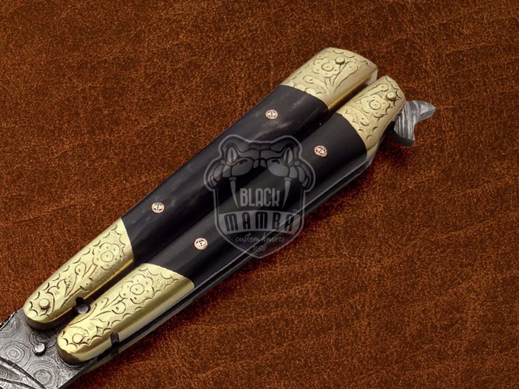 BMK-598 Custom Handmade Damascus Balisong Butterfly Knife Brass Hand Engraved With Buffalo Horn Handle Top Quality Knife USA Made Gift For Him - Image 2