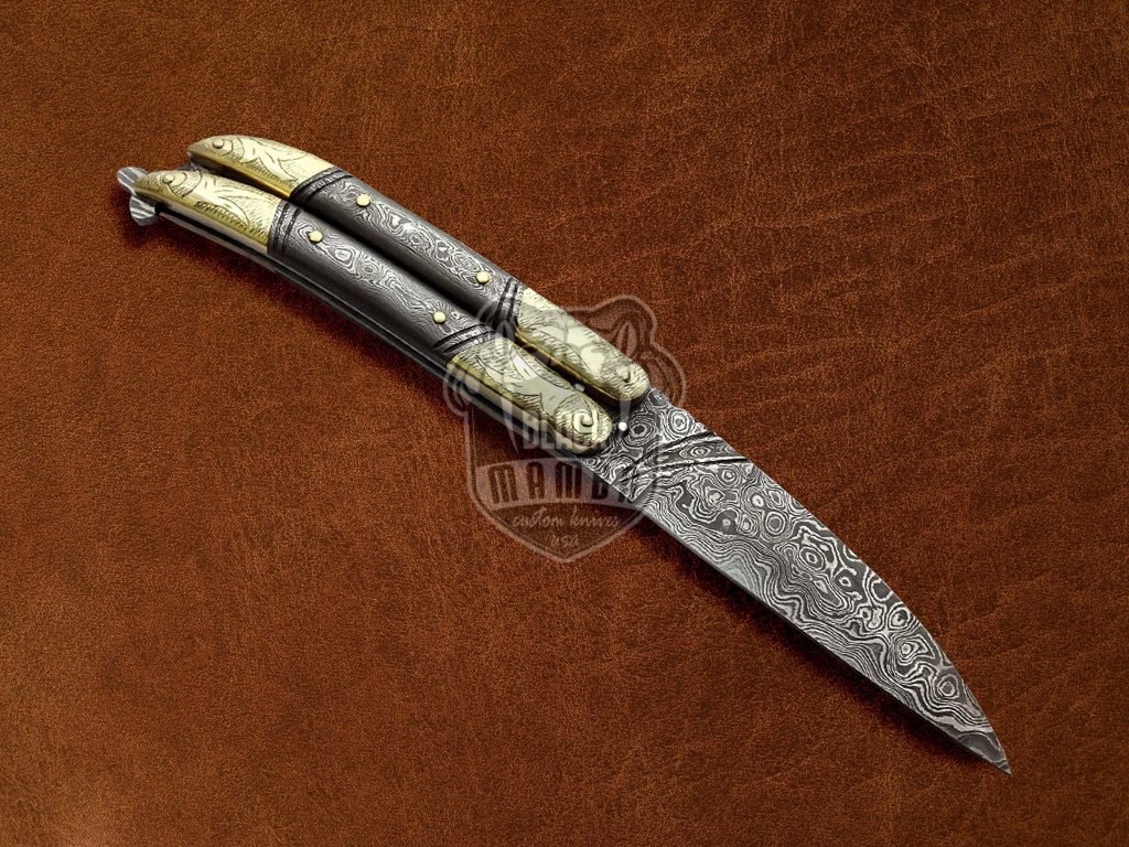 BMK-600 Damascus Steel Beautiful Filipino Balisong butterfly Knife Brass Engraved With Damascus Handle Gift For Him USA Made - Image 2
