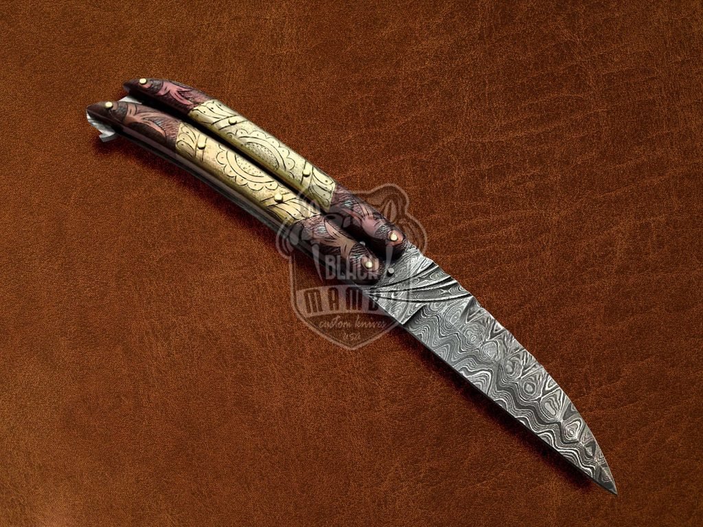 BMK-599 Filipino Balisongs butterfly Razor Sharp Knife With Brass & Copper Hand Engraved Damascus Steel Blade Gift For Him USA Made - Image 2