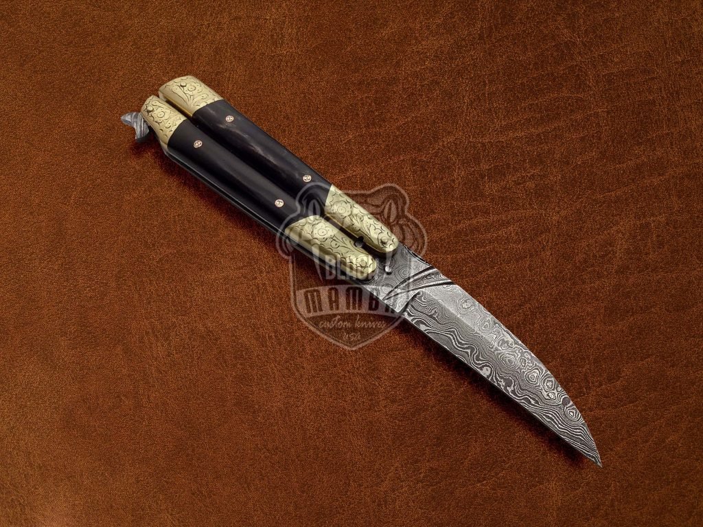 BMK-598 Custom Handmade Damascus Balisong Butterfly Knife Brass Hand Engraved With Buffalo Horn Handle Top Quality Knife USA Made Gift For Him - Image 3