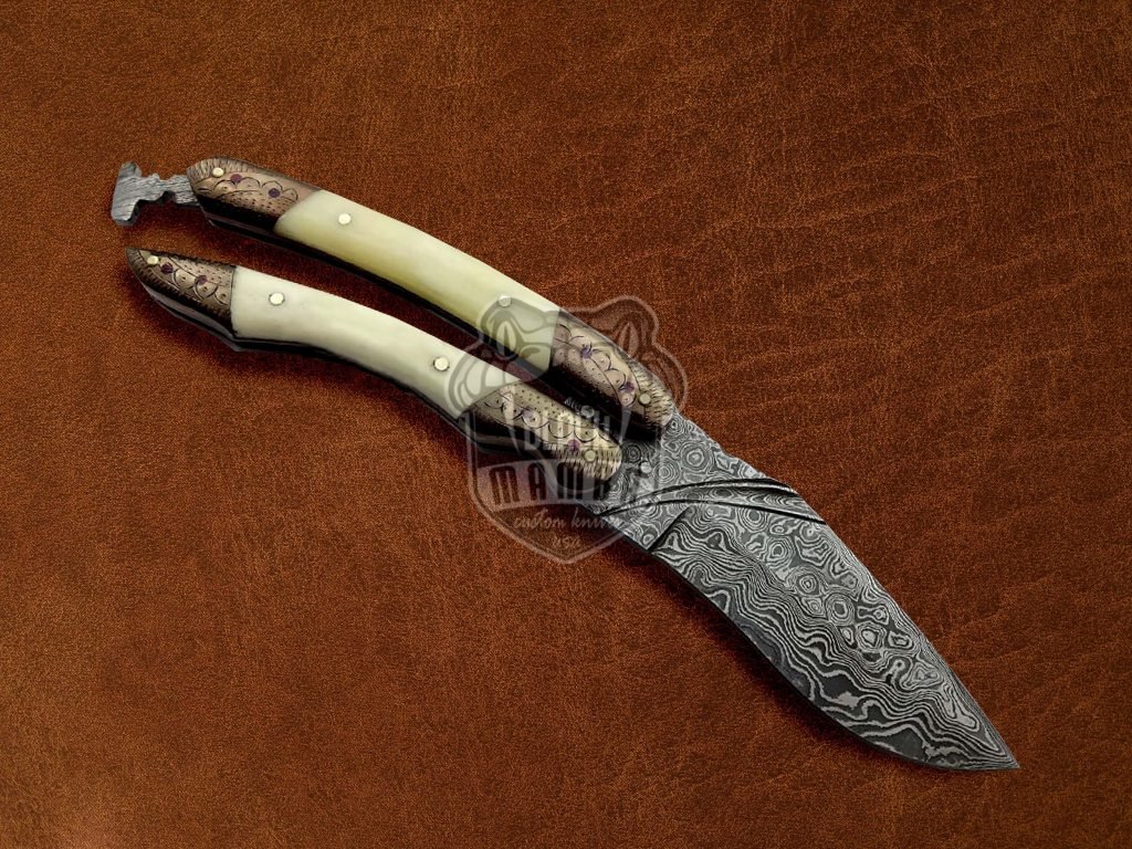 BMK-594 Damascus Engraved Balisong Butterfly Flipping Knife Copper With Camel Bone Handle Hunting knife Best Knife For Collection USA Made Gift For Him - Image 2