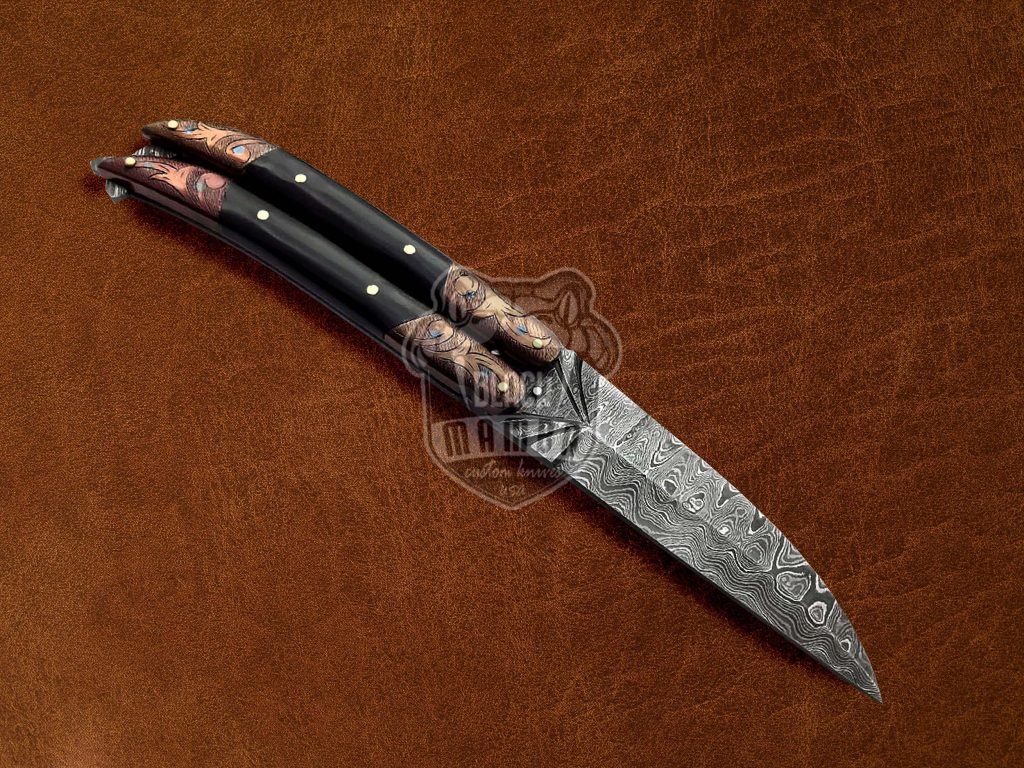 BMK-593 Balisong Butterfly Knife Damascus Steel Knife Copper Engraved With Buffalo Horn Premium Balisong Knife Hunting Camping Handmade Gift USA Made - Image 2