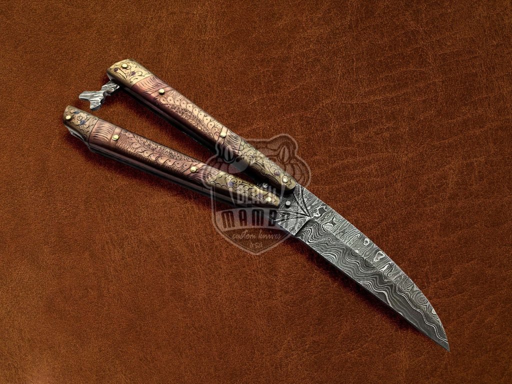 BMK-584 Damascus Balisong Butterfly Knife Copper With Brass Engraved Handle Balisong Flipping Knife USA Made Christmas Gift, Gift For Him - Image 2