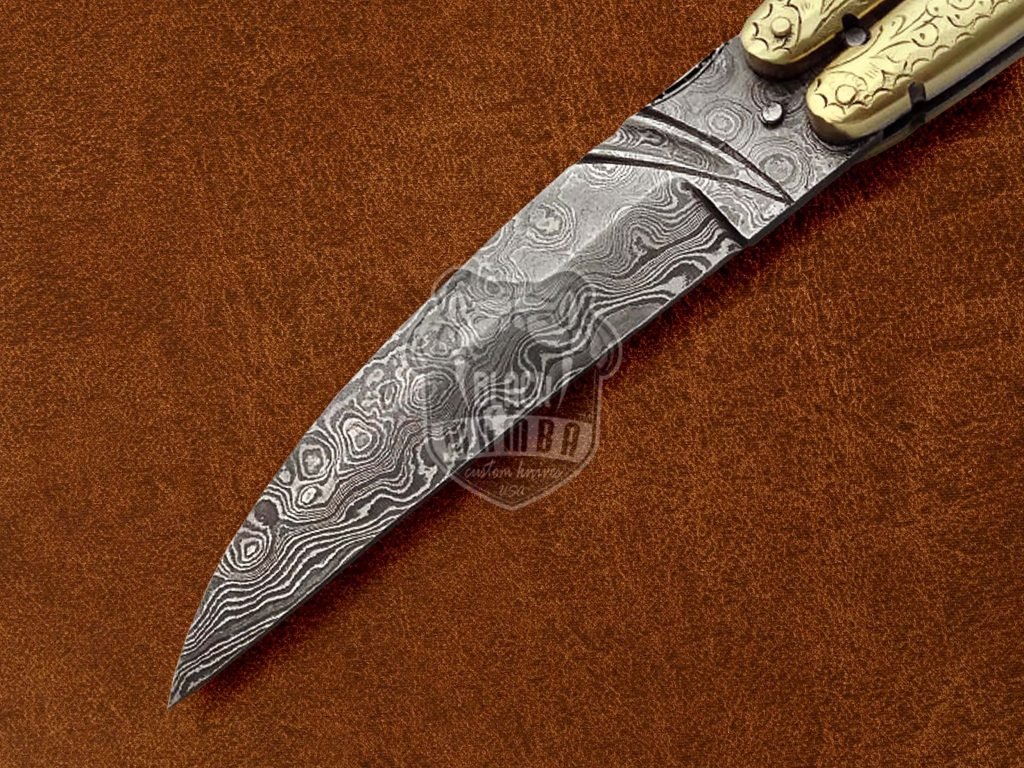BMK-598 Custom Handmade Damascus Balisong Butterfly Knife Brass Hand Engraved With Buffalo Horn Handle Top Quality Knife USA Made Gift For Him - Image 4