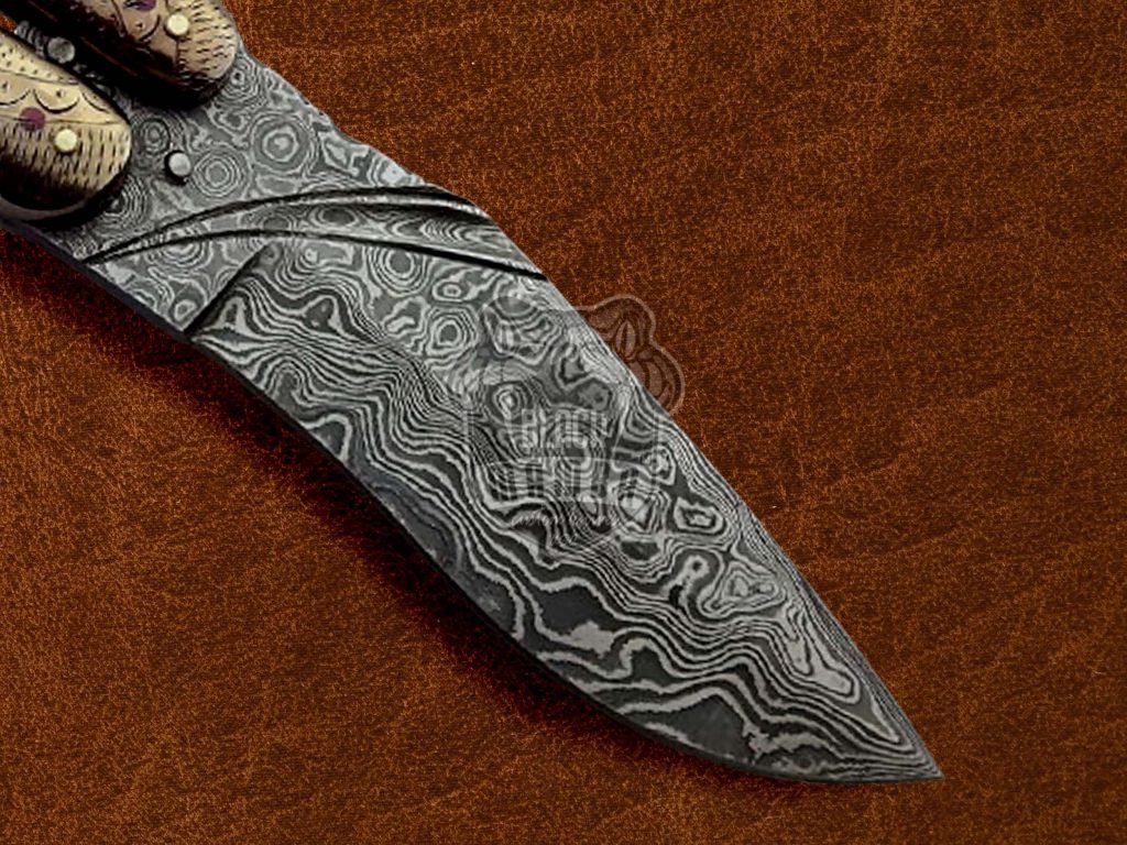 BMK-594 Damascus Engraved Balisong Butterfly Flipping Knife Copper With Camel Bone Handle Hunting knife Best Knife For Collection USA Made Gift For Him - Image 3