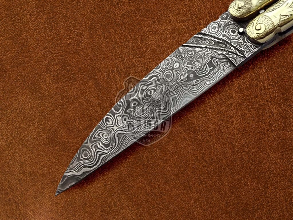 BMK-600 Damascus Steel Beautiful Filipino Balisong butterfly Knife Brass Engraved With Damascus Handle Gift For Him USA Made - Image 3