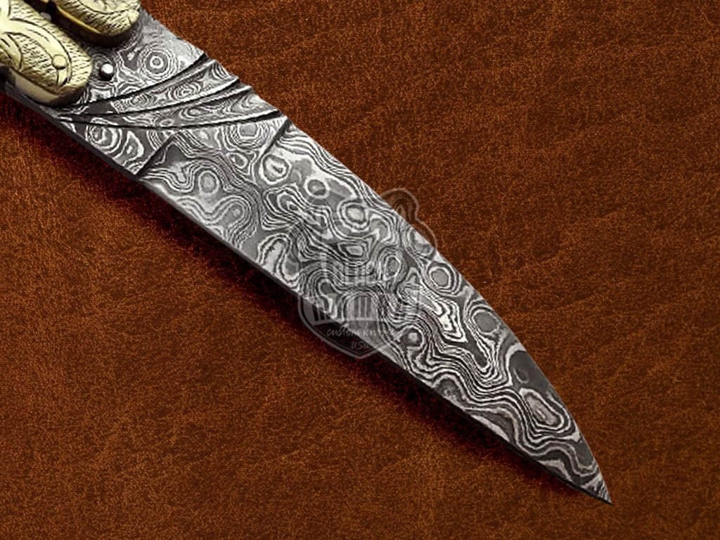 BMK-597 Handmade Damascus Balisong Butterfly Knife Brass Engraved With Camel Bone Hand Forged Damascus Steel Knife Gift For Him USA Made - Image 3