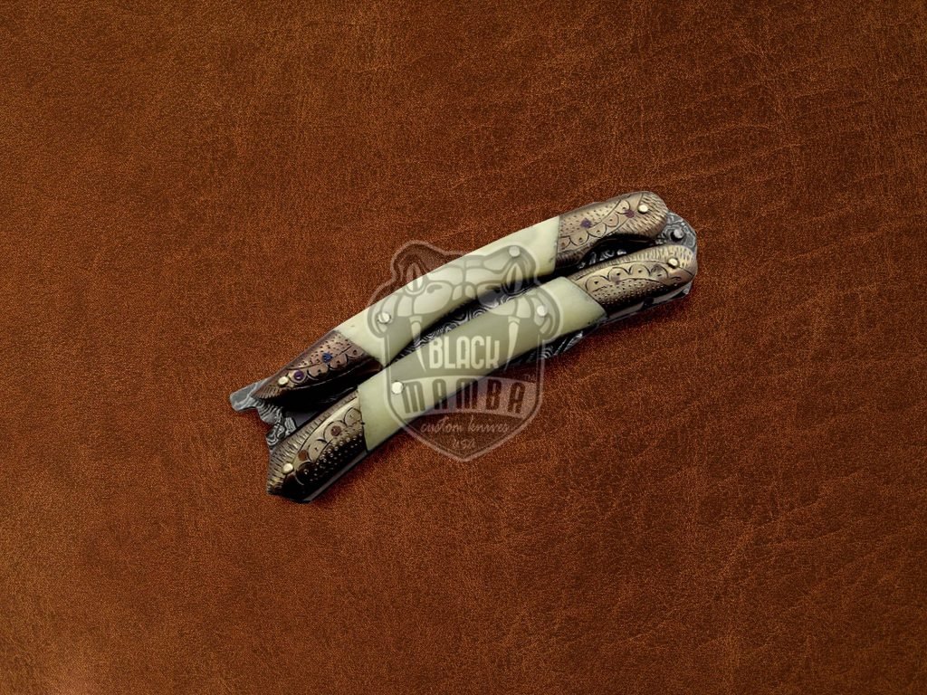 BMK-594 Damascus Engraved Balisong Butterfly Flipping Knife Copper With Camel Bone Handle Hunting knife Best Knife For Collection USA Made Gift For Him - Image 4
