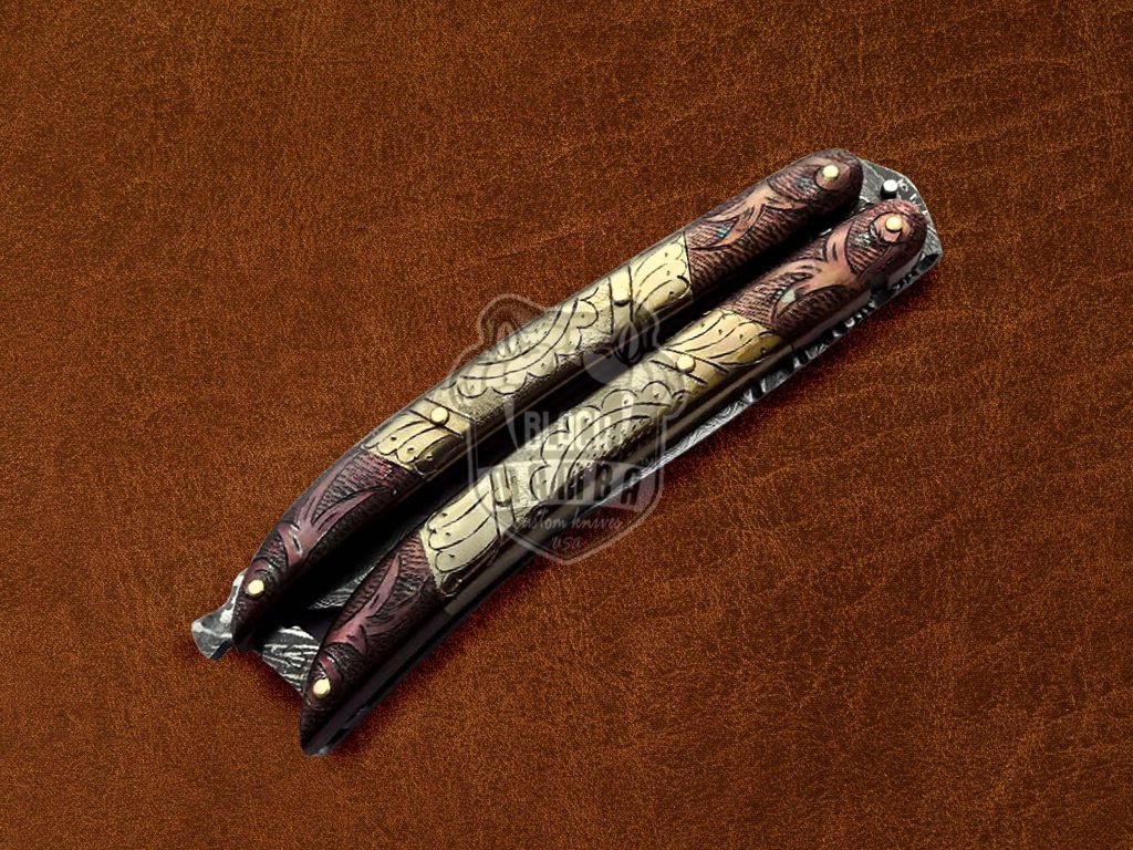 BMK-599 Filipino Balisongs butterfly Razor Sharp Knife With Brass & Copper Hand Engraved Damascus Steel Blade Gift For Him USA Made - Image 4
