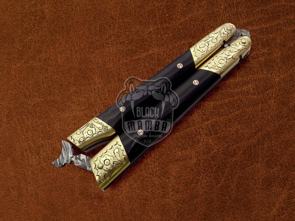 BMK-598 Custom Handmade Damascus Balisong Butterfly Knife Brass Hand Engraved With Buffalo Horn Handle Top Quality Knife USA Made Gift For Him - Image 5