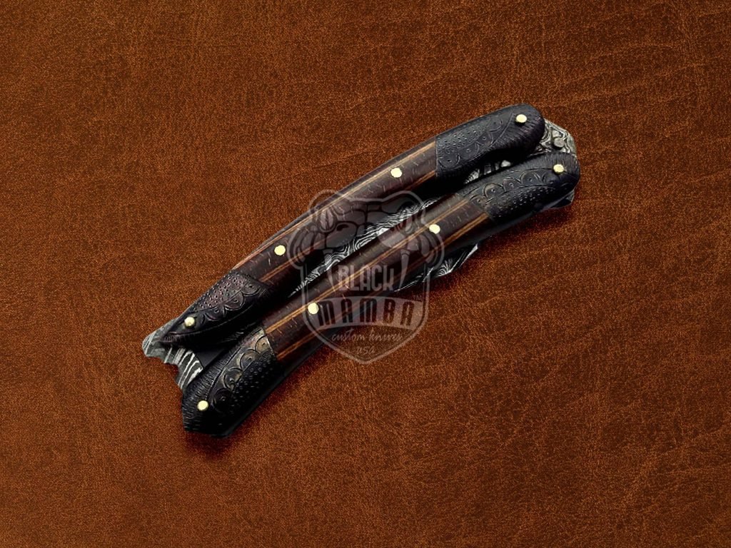 BMK-577 Filipino Balisong Butterfly Damascus Steel Hand Engraved With Wood Handle Damascus Blade Gift For Him USA Made - Image 4