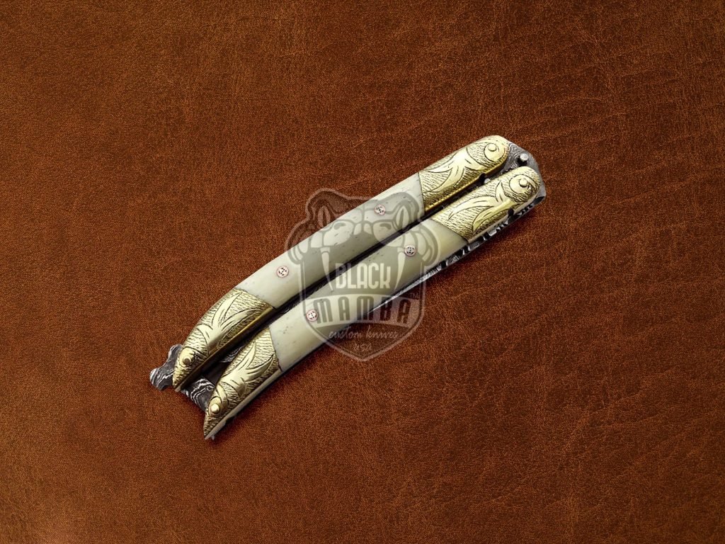 BMK-597 Handmade Damascus Balisong Butterfly Knife Brass Engraved With Camel Bone Hand Forged Damascus Steel Knife Gift For Him USA Made - Image 4