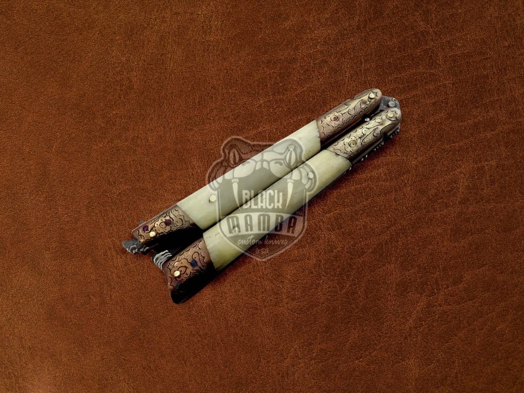 BMK-595 Custom Made Damascus Balisong Butterfly Knife Engraved With Bone Best balisong knife USA Made Gift For Him , Christmas Gift  - Image 4