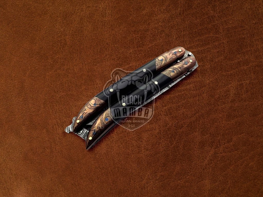 BMK-593 Balisong Butterfly Knife Damascus Steel Knife Copper Engraved With Buffalo Horn Premium Balisong Knife Hunting Camping Handmade Gift USA Made - Image 4