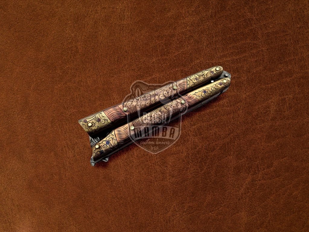 BMK-584 Damascus Balisong Butterfly Knife Copper With Brass Engraved Handle Balisong Flipping Knife USA Made Christmas Gift, Gift For Him - Image 4