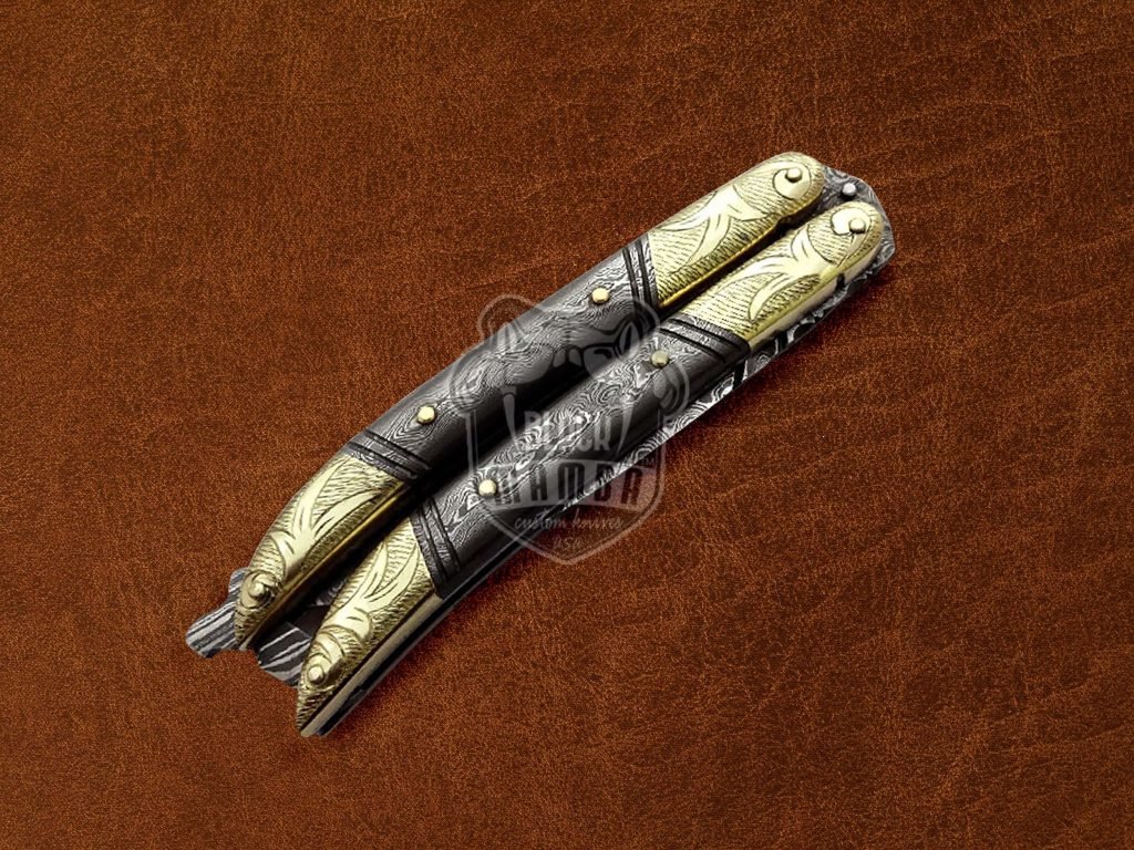 BMK-600 Damascus Steel Beautiful Filipino Balisong butterfly Knife Brass Engraved With Damascus Handle Gift For Him USA Made - Image 4