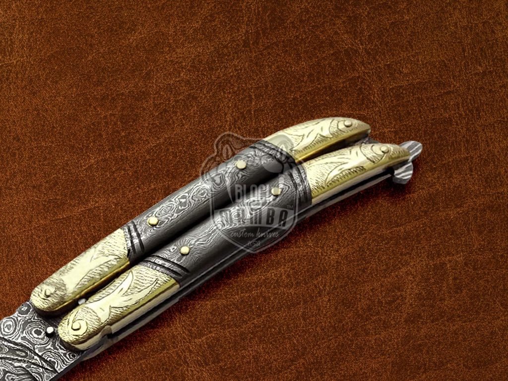 BMK-600 Damascus Steel Beautiful Filipino Balisong butterfly Knife Brass Engraved With Damascus Handle Gift For Him USA Made - Image 5