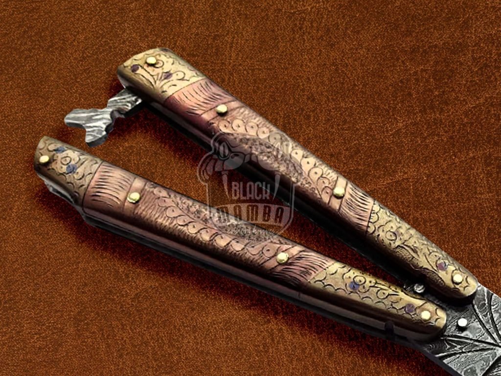 BMK-584 Damascus Balisong Butterfly Knife Copper With Brass Engraved Handle Balisong Flipping Knife USA Made Christmas Gift, Gift For Him - Image 5