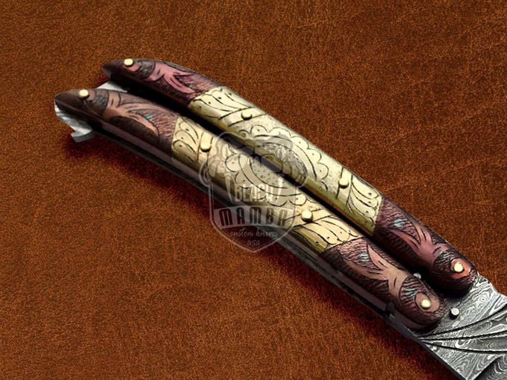 BMK-599 Filipino Balisongs butterfly Razor Sharp Knife With Brass & Copper Hand Engraved Damascus Steel Blade Gift For Him USA Made - Image 5