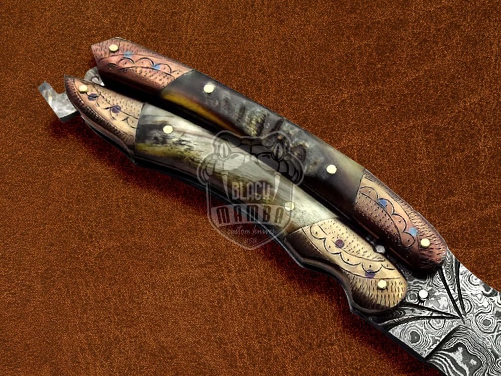 BMK-585 Balisong Blade Damascus Steel Butterfly knife Amazing Buffalo Horn Handle Hunting Camping knife Gift For Him Best Gift For Boyfriend USA Made - Image 4