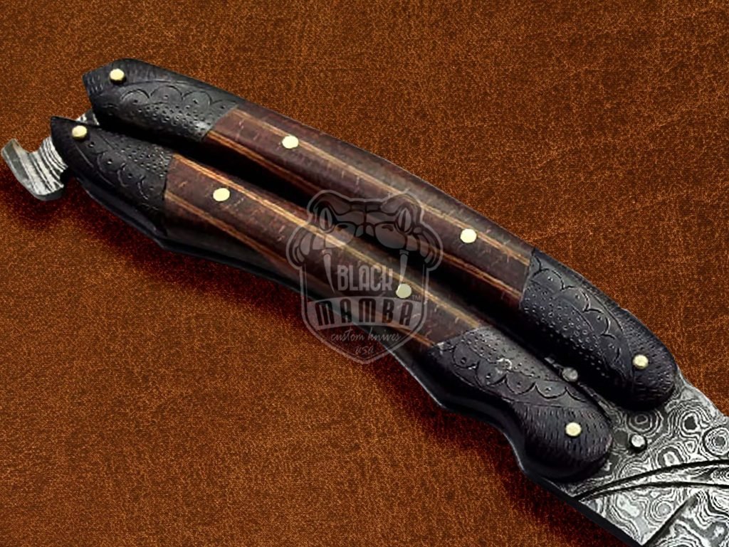 BMK-577 Filipino Balisong Butterfly Damascus Steel Hand Engraved With Wood Handle Damascus Blade Gift For Him USA Made - Image 5
