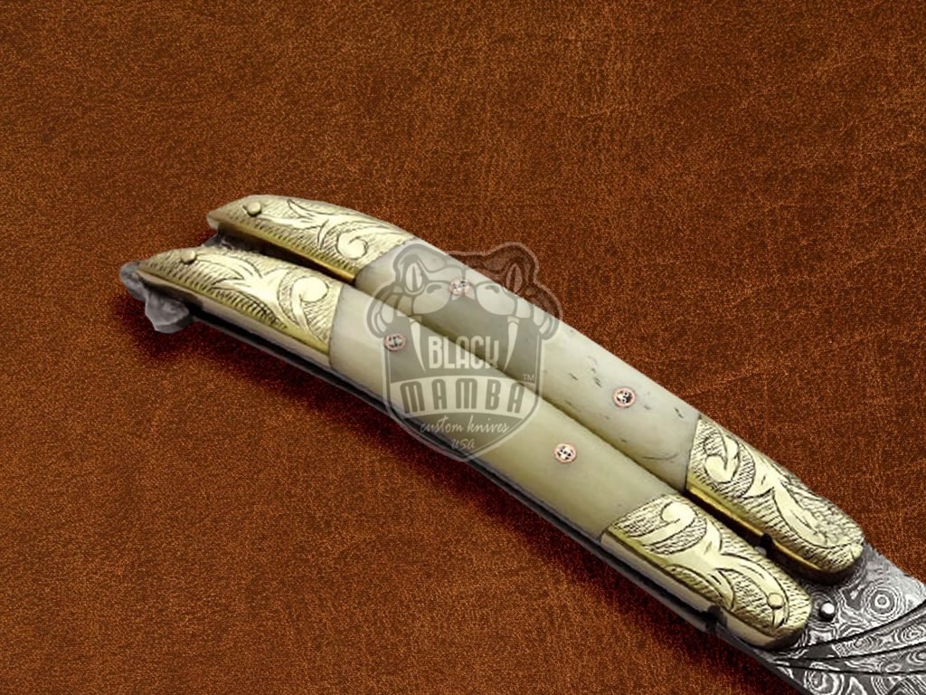 BMK-597 Handmade Damascus Balisong Butterfly Knife Brass Engraved With Camel Bone Hand Forged Damascus Steel Knife Gift For Him USA Made - Image 5