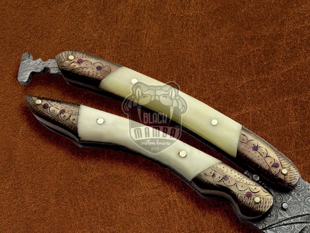 BMK-594 Damascus Engraved Balisong Butterfly Flipping Knife Copper With Camel Bone Handle Hunting knife Best Knife For Collection USA Made Gift For Him - Image 5