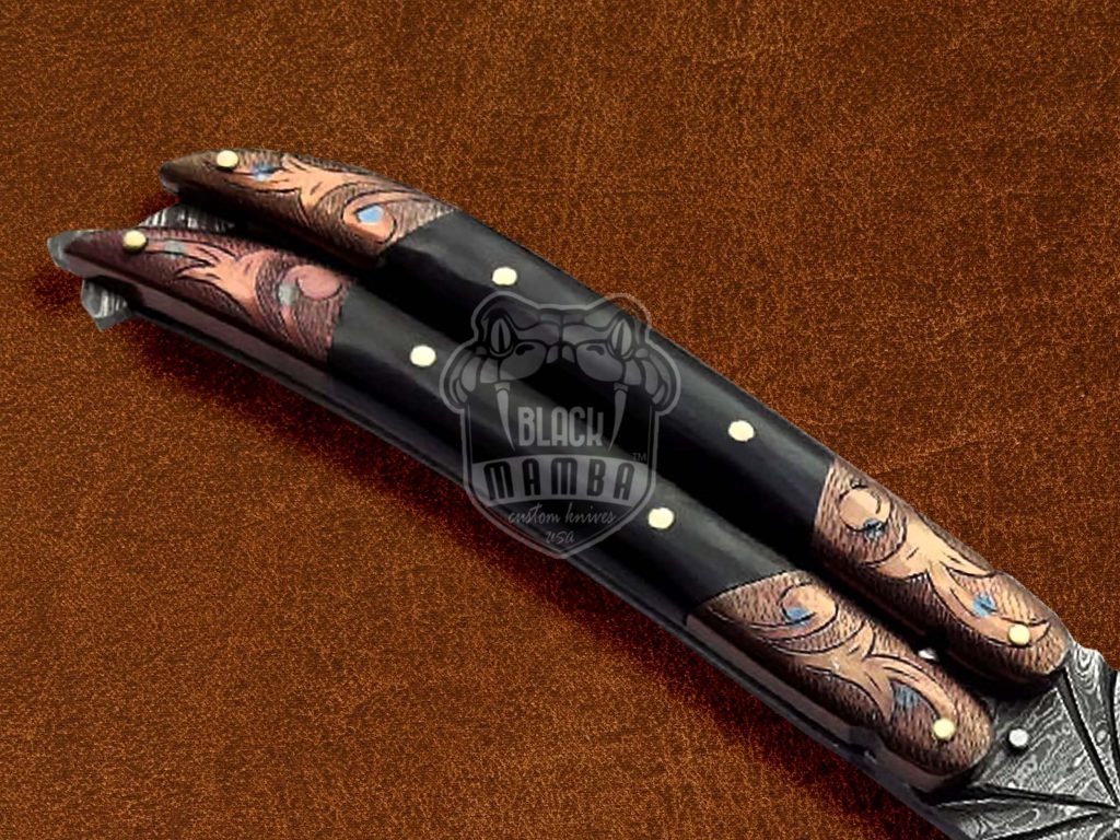 BMK-593 Balisong Butterfly Knife Damascus Steel Knife Copper Engraved With Buffalo Horn Premium Balisong Knife Hunting Camping Handmade Gift USA Made - Image 5