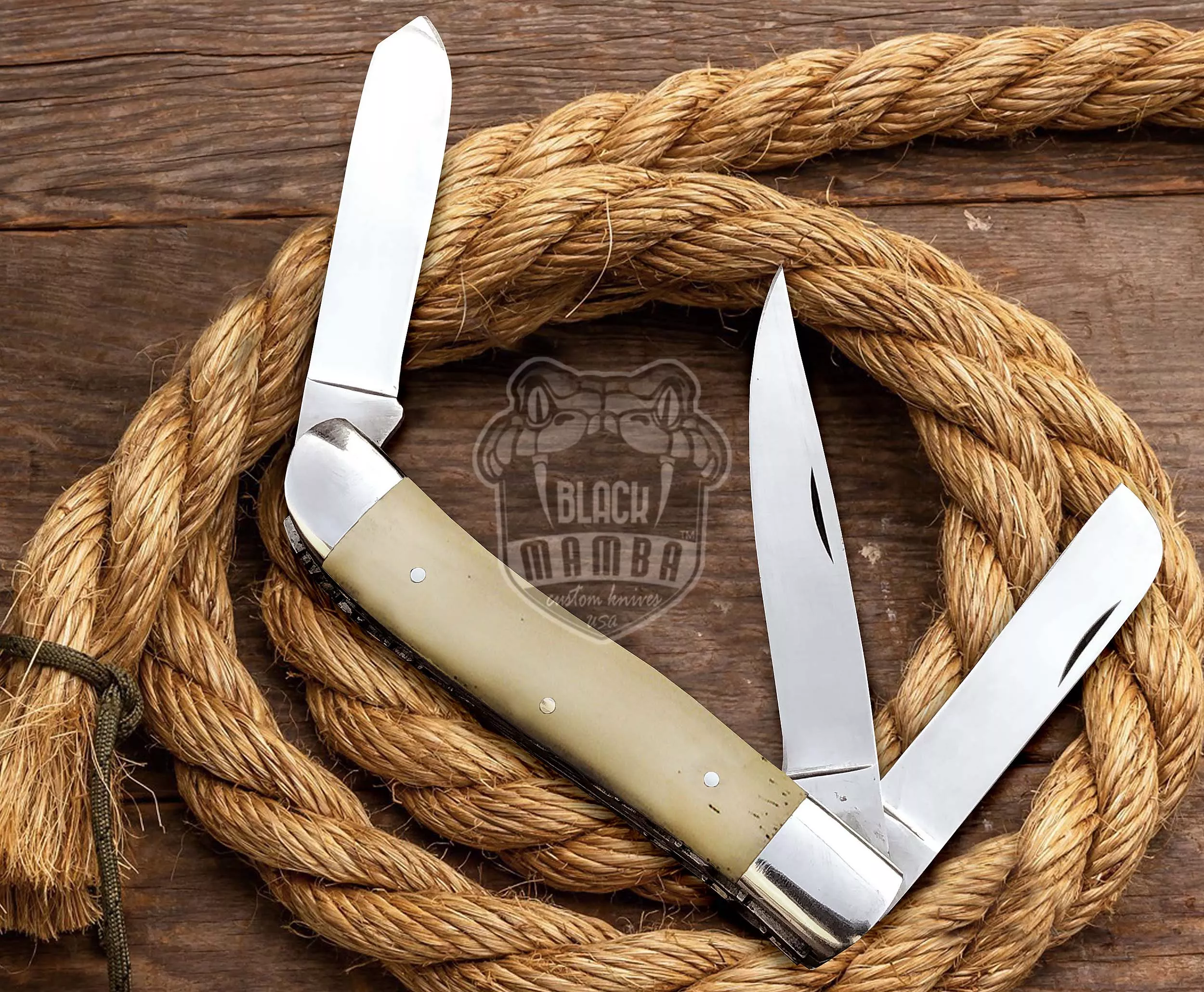 Signature - Multi-Blade Damascus Pocket Knife, 12″ Overall, Camel Bone Handle | ID14449