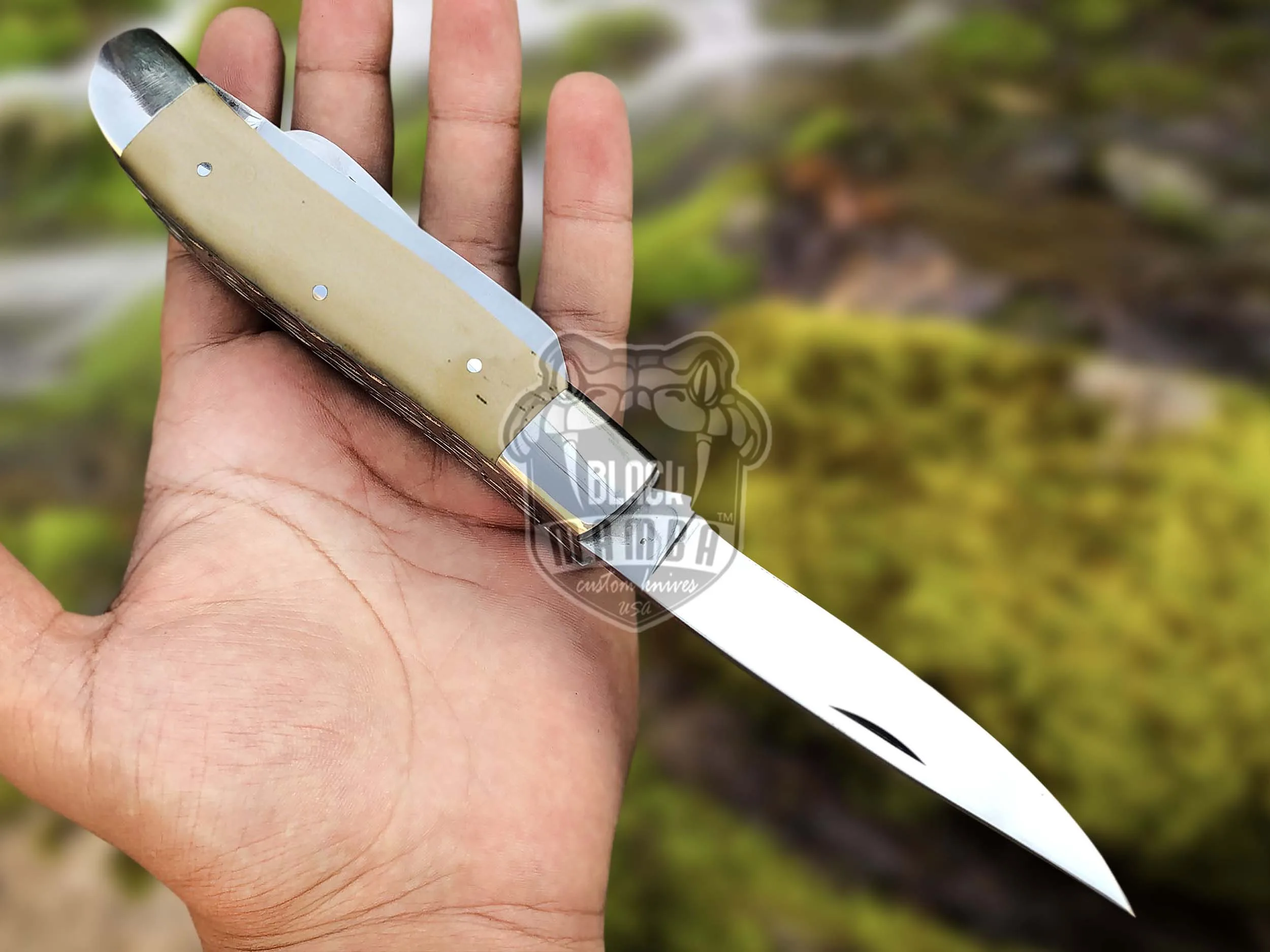 Signature - Multi-Blade Damascus Pocket Knife, 12″ Overall, Camel Bone Handle | ID14449 - view 3