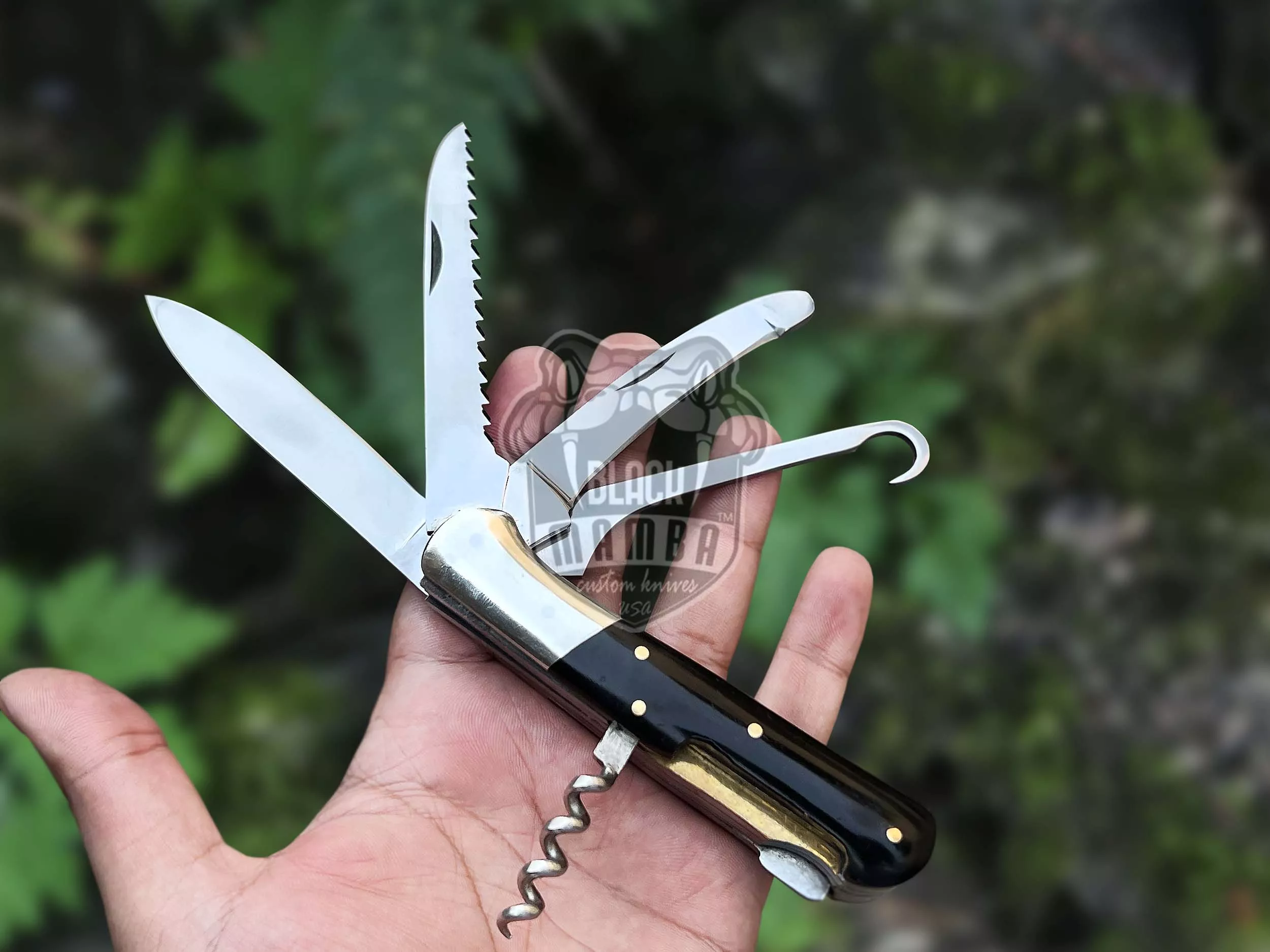 Signature - Multi-Blade Damascus Pocket Knife, 12″ Overall, Horn Handle