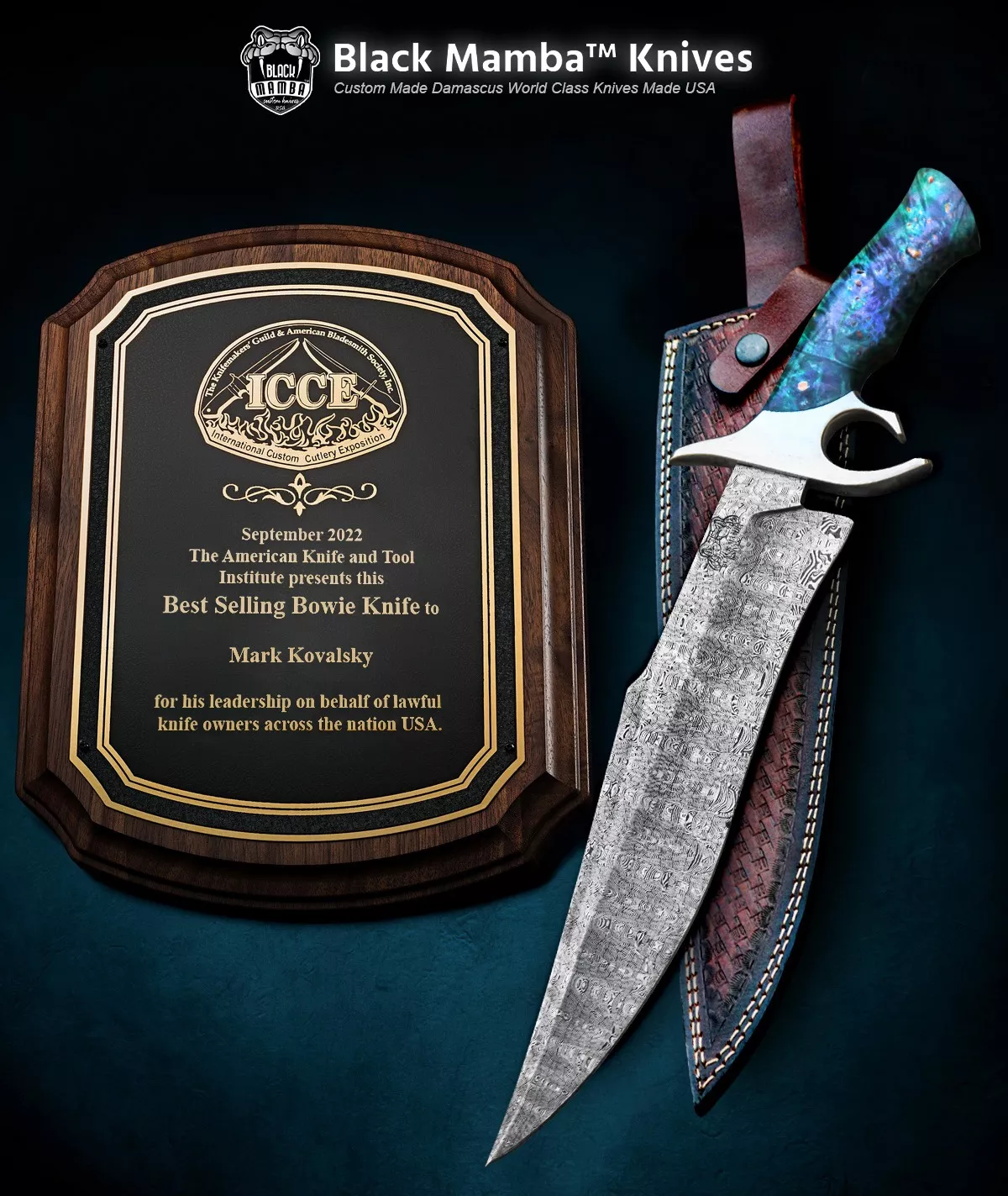 Award from ICCE, The Knifemaker's Guild and American Blacksmith Society for a Black Mamba Bowie