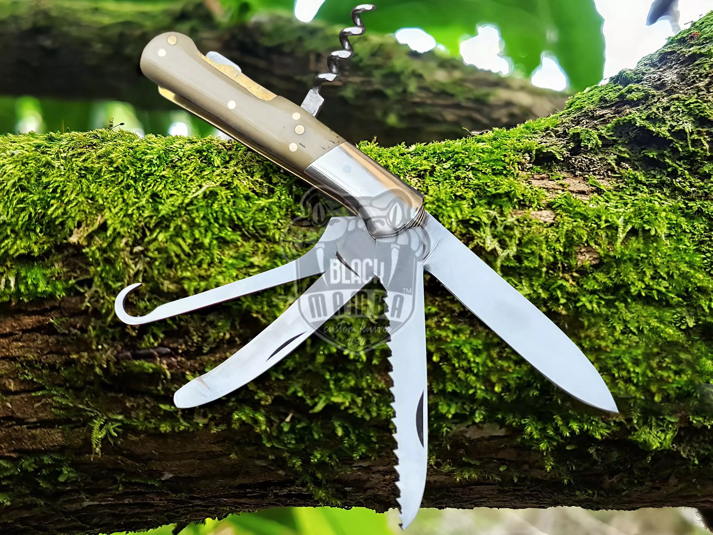 Signature - Multi-Blade Damascus Pocket Knife, 12″ Overall, Camel Bone Handle | ID14454