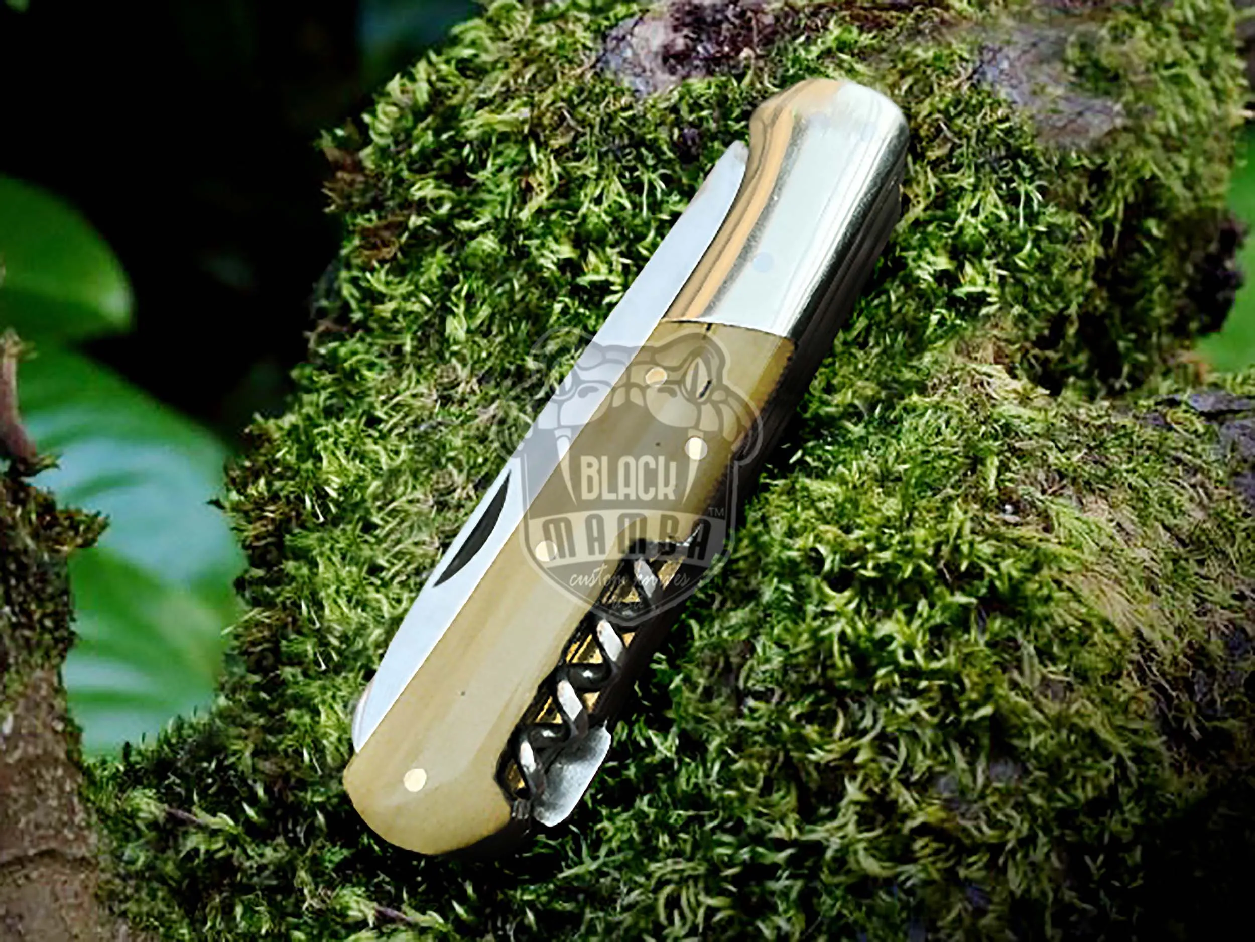 Signature - Multi-Blade Damascus Pocket Knife, 12″ Overall, Camel Bone Handle | ID14454 - view 6
