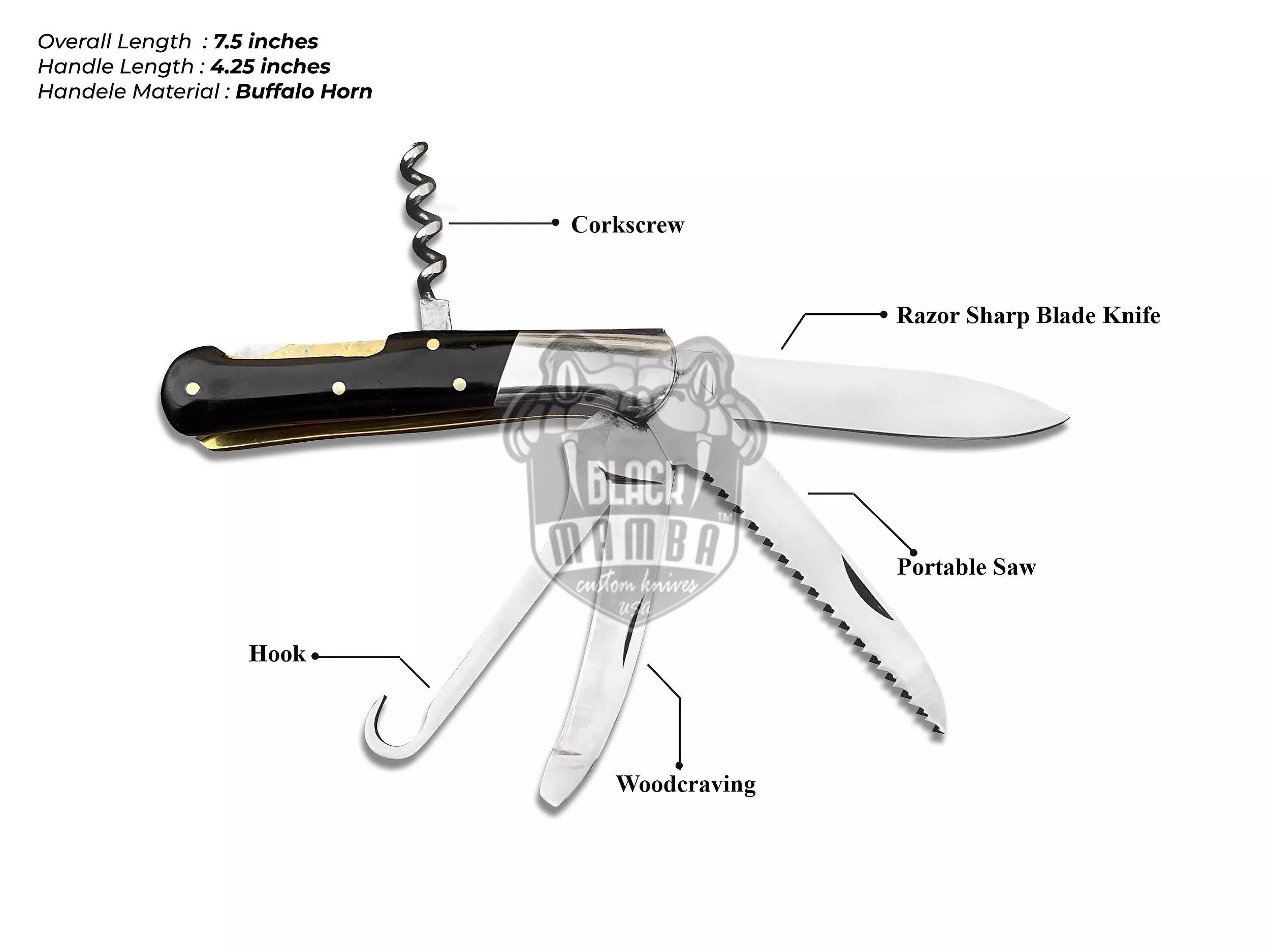 Signature - Multi-Blade Damascus Pocket Knife, 12″ Overall, Horn Handle - view 2