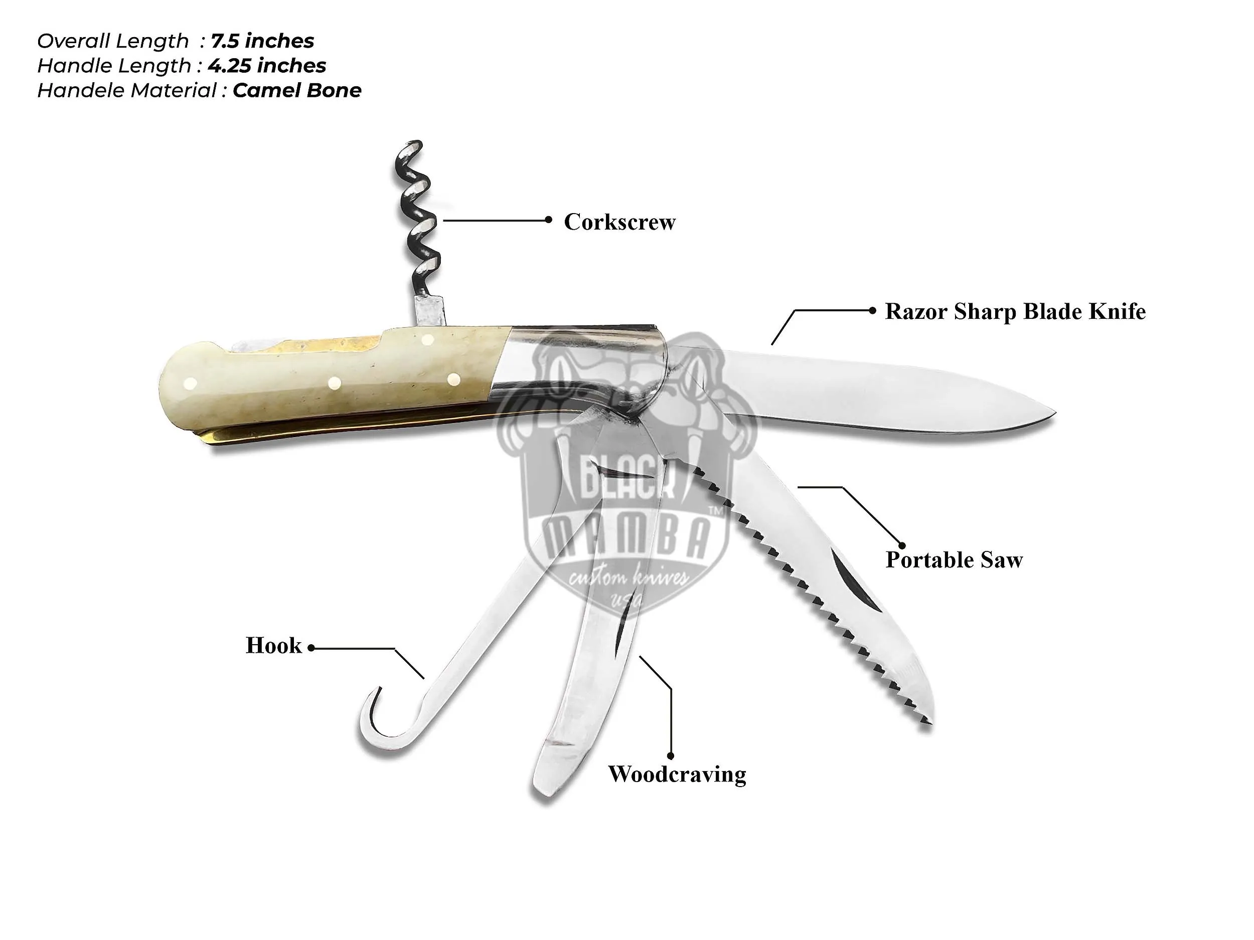 Signature - Multi-Blade Damascus Pocket Knife, 12″ Overall, Camel Bone Handle | ID14454 - view 2