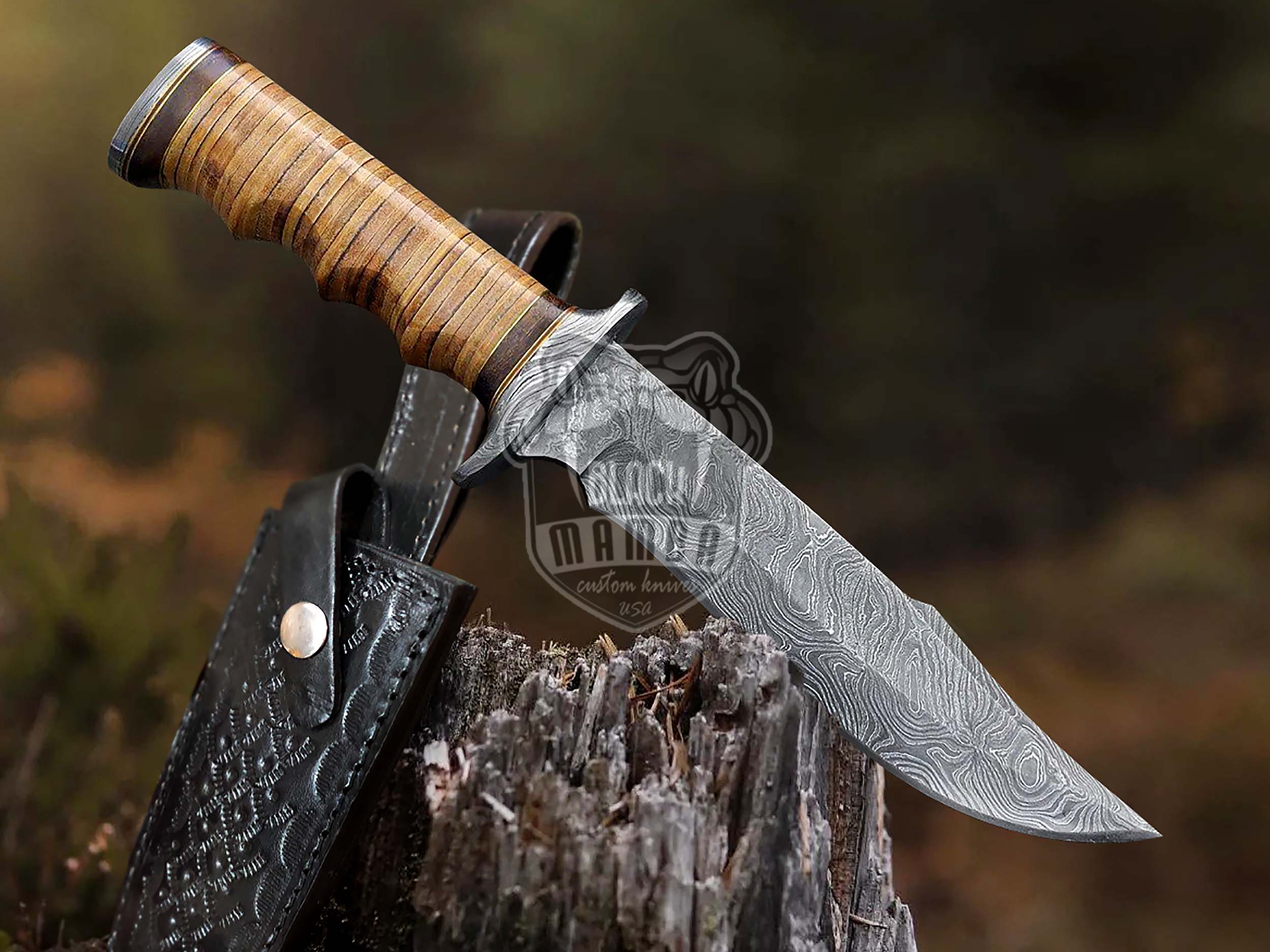 Best Damascus Steel Kitchen Knife With Leather Cover, Hand Forged