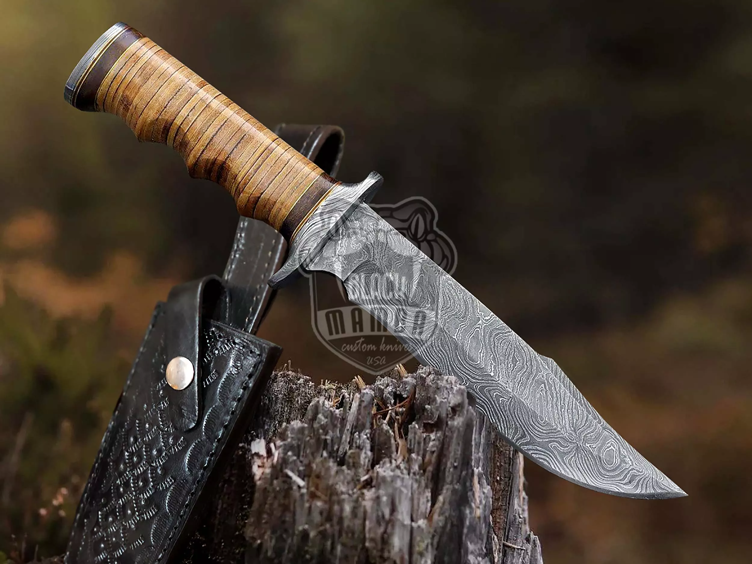 Camping Hunting - Damascus Hunting Knife, 15″ Overall, Leather Handle